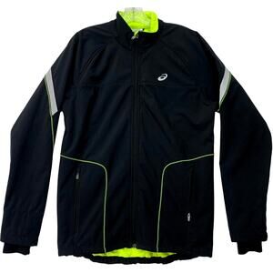 Asics Mens Medium Softshell Full Zip Jacket Black Neon Green/Yellow Fleece Lined